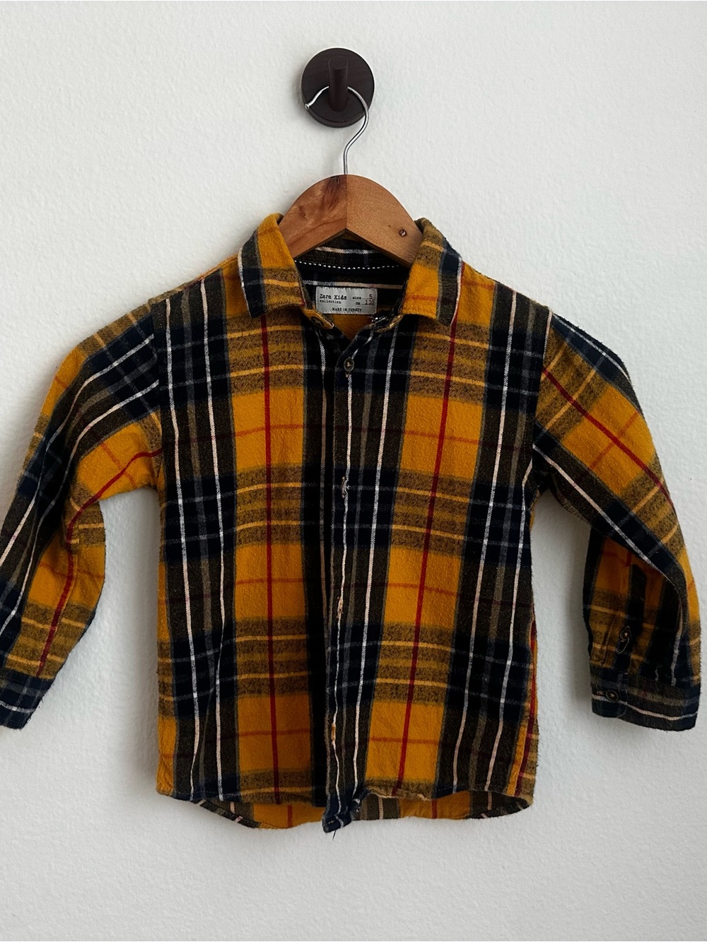 Zara Kids Yellow Navy Plaid Flannel 100% Cotton Button-Up Shirt Size 5 (110cm)